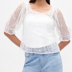 White Lace Sheer Tulle Embroidered Top Sizes XS Petite & Small Petite